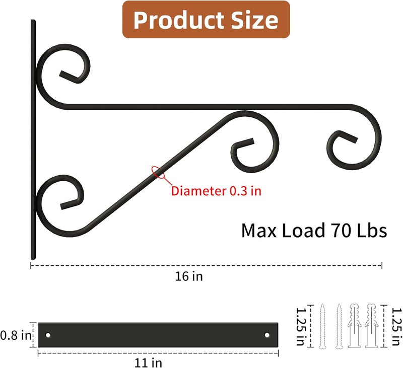 PROWORX 2 Pack 16 Inch Plant Hangers Outdoor Bracket, Indoor Wall Mount Metal Heavy Duty Rust-Resistant Bird Feeder Plant Hooks for Hanging Planters, Flower Baskets, Black - Image 5